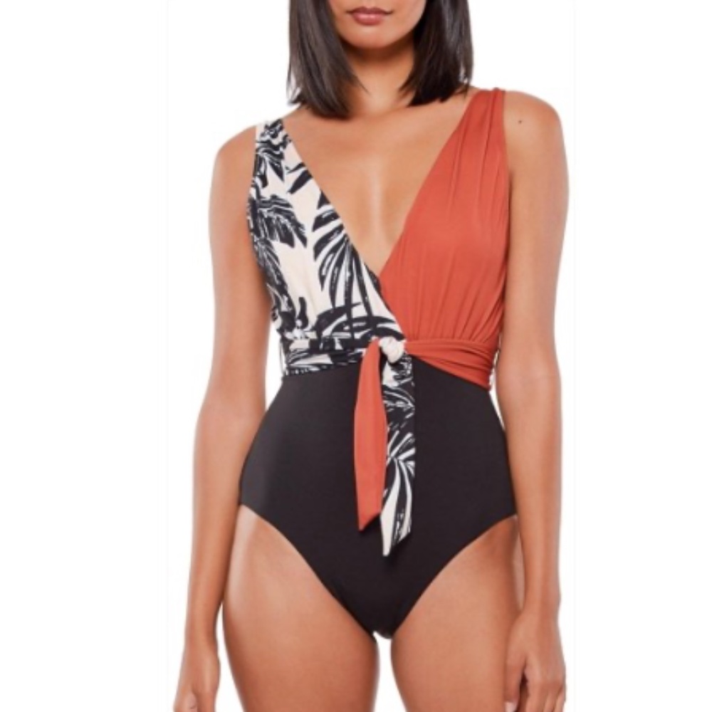 Sanctuary NWT‎ Womens Plunge MIO Tie Front Once Peice Swimsuit Sz Small